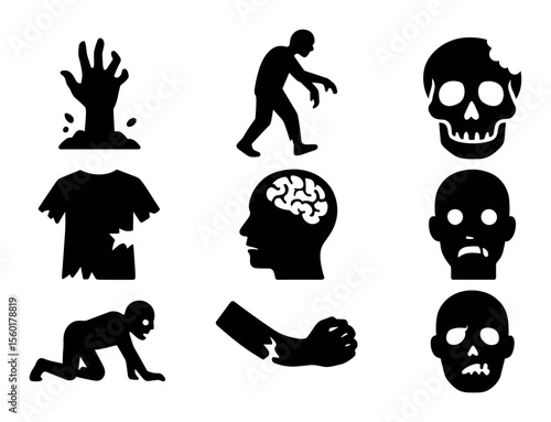 Zombie, horror silhouette icon set. creepy, undead symbols for halloween themes