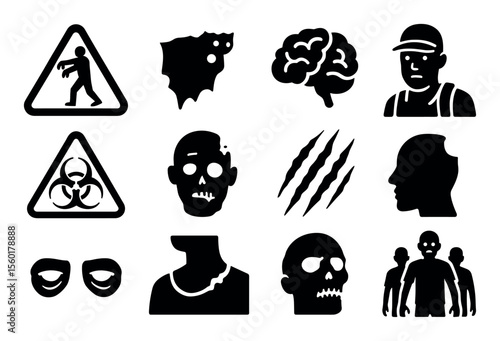 Zombie, horror silhouette icon set. scary faces, warning signs and more in silhouette style