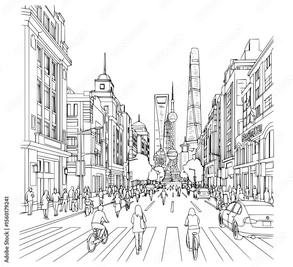 Obraz premium Line Art of East Nanjing Road, Shanghai