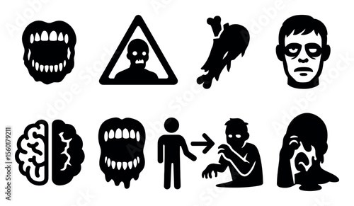 Zombie silhouette icon set. halloween, horror, spooky, brain, undead graphics