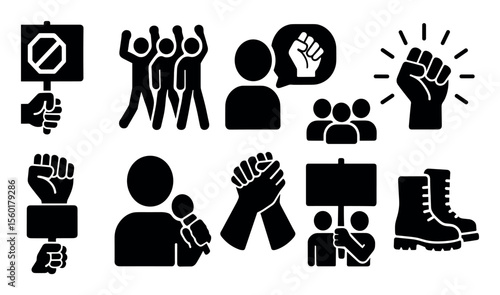 Protest, activism silhouette icon set. demonstration, rally, social movement icons