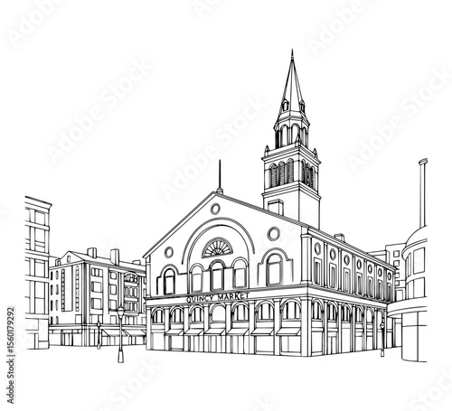 Line Art of Faneuil Hall Marketplace, Boston