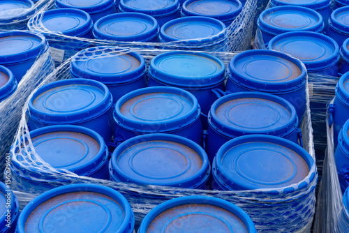 Plastic blue barrels in a pickle industry