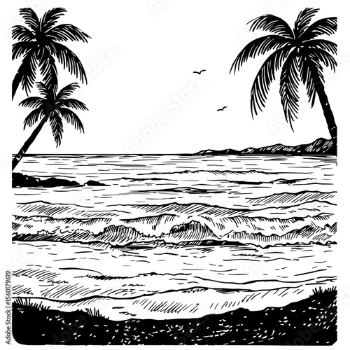 Serene Beach: An idyllic beach scene unfolds with gentle waves lapping the shore, framed by swaying palm trees and clear skies, evoking a sense of peace and tropical paradise.