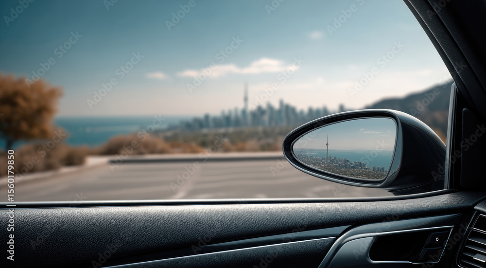 Car interior side mirror city skyline empty parking lot autumn blue sky urban travel reflection modern vehicle Car interior side mirror city skyline empty parking lot autumn blue sky urban travel reflection modern vehicle