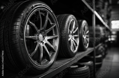 Sleek black tires and rims neatly stacked on a shelf, showcasing automotive parts in a dark garage setting.