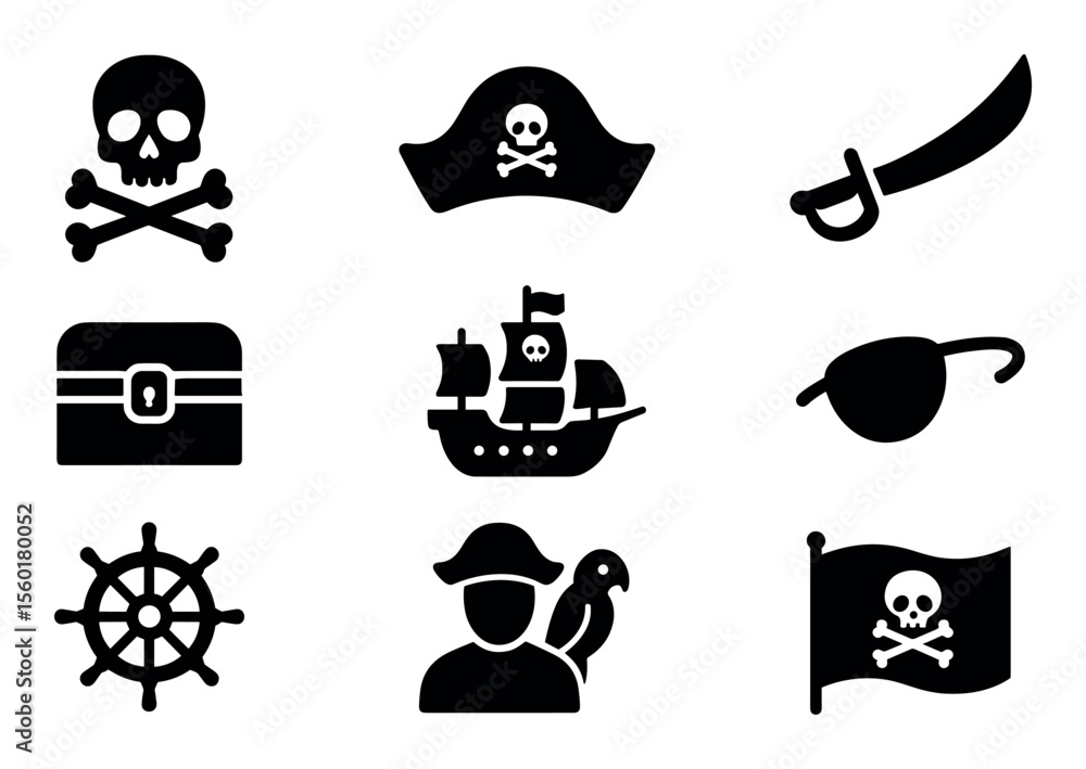 Obraz premium Pirate, adventure solid icon set. nautical, treasure hunt icons collection