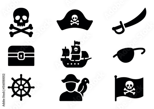 Pirate, adventure solid icon set. nautical, treasure hunt icons collection