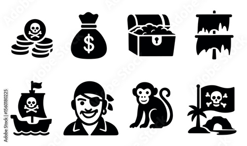 Pirate adventure silhouette icon set. treasure, ship, captain in bold silhouette style