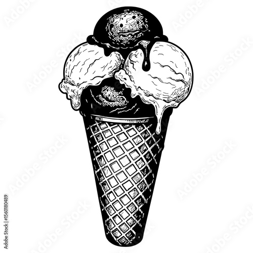 Delicious Scoop: A classic ice cream cone with three generous scoops, meticulously illustrated to highlight texture and taste. A perfect emblem for summer treats.