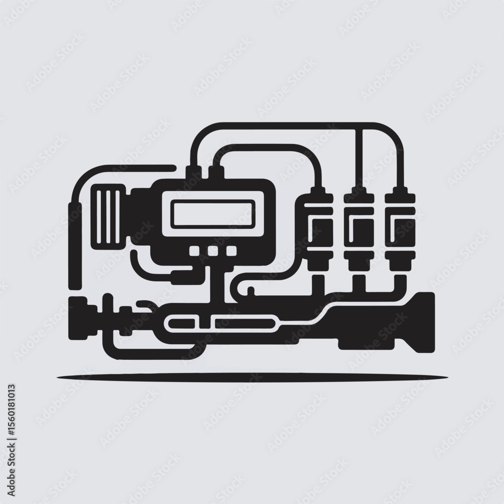 Abstract schematic illustration of an engine featuring a display and multiple cylindrical filters inside. Abstract schematic illustration of an engine featuring a display and multiple cylindrical filters inside.