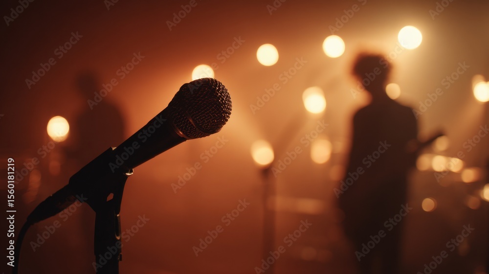 Obraz premium Spotlight on a microphone at a dimly lit concert, capturing the energy of live music and the blurred silhouettes of performers.