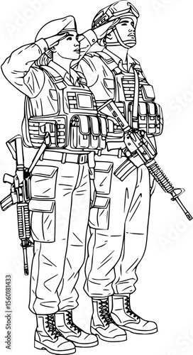 two military personnel, fully equipped in uniforms with rifles and body armor, standing side-by-side and giving a salute