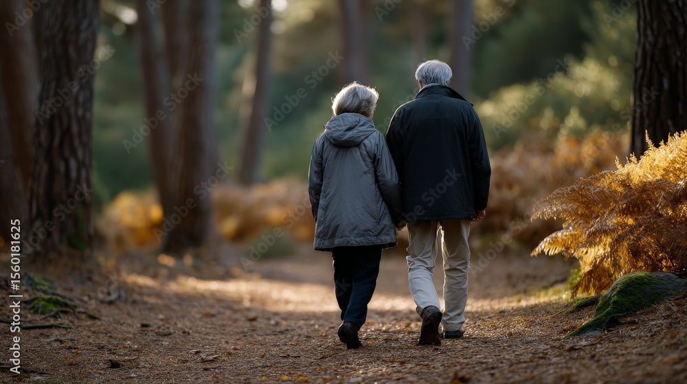 Obraz premium Elderly Couple Holding Hands Walking Slowly in Nature