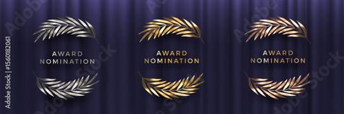 Award sign with palm branches wreath - golden, silver and bronze variants, on black curtain background. Award sign vector set.