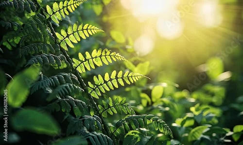 Lush fern leaves bathed in sunlight