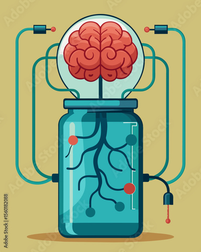 A brain floating in a jar hooked up to wires and tubes being monitored and influenced by external forces.. Vector illustration