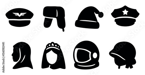 Hat and helmet silhouette icon set. diverse headwear collection in silhouette style