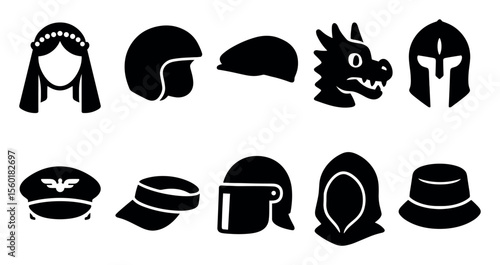 Headwear, helmet silhouette icon set. diverse collection of silhouette icons
