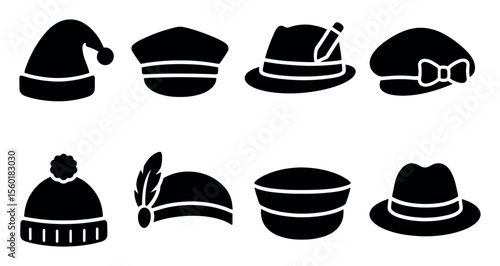 Headwear, hats silhouette icon set. stylish head accessories icons in silhouette style
