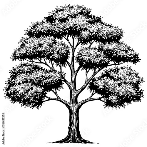 Majestic Tree of Life: A meticulously detailed monochrome illustration captures the grandeur of a mature tree, its sturdy trunk supporting a lush canopy of leaves, a symbol of life and resilience.