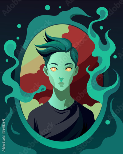 A digital art piece depicting a persons reflection morphing and warping into a monstrous unrecognizable form.. Vector illustration