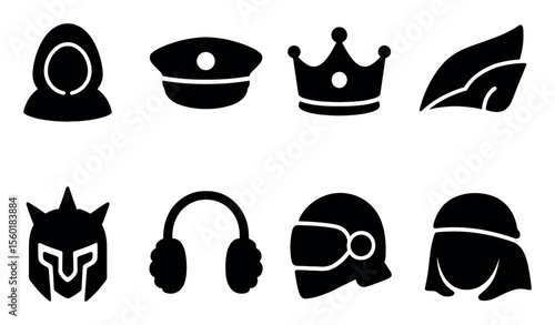 Headwear solid icon set. caps, helmets, crowns icon collection for digital projects