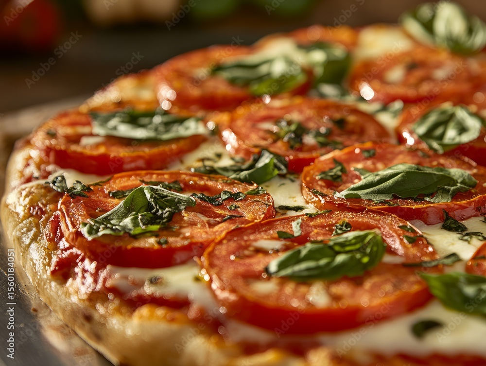 Close-up of a Margherita pizza with vibrant tomato sauce and basil leaves Close-up of a Margherita pizza with vibrant tomato sauce and basil leaves