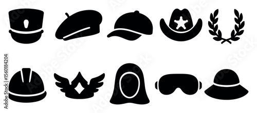 Headwear silhouette icon set. hats, helmets, and caps in silhouette style