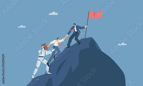 Businessman pulls his teammate up to top mountain, Robot helping business team, Using artificial intelligence to support business, Business development progress, Concept of helping company