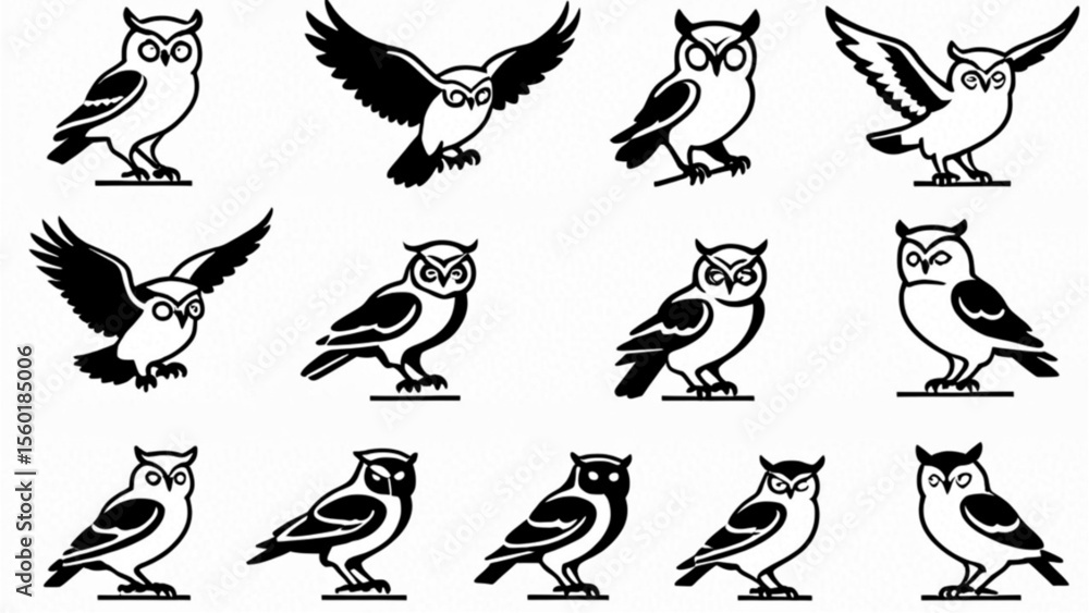 Obraz premium フクロウシルエットアイコンセット｜Owl Silhouette Icon Set