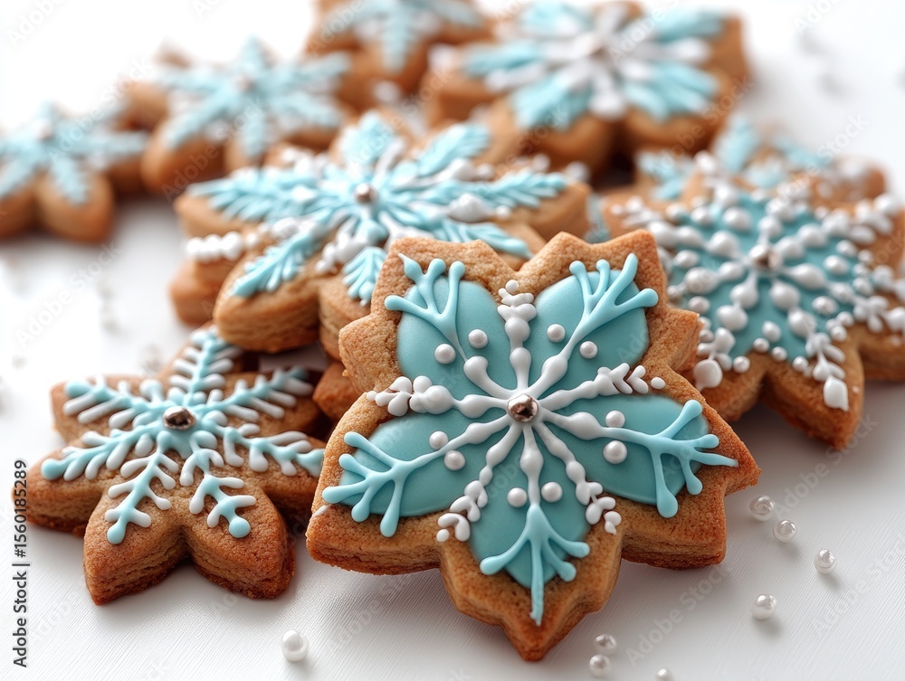 Fototapeta premium Festive snowflake-shaped cookies decorated with icing