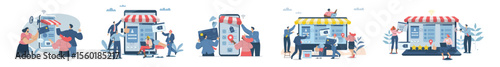 Set of website building and web design concepts, Creating online shopping store concepts, Business team is working on developing web design for laptops and smartphones. Flat vector design.