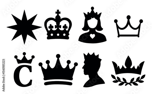 Royalty silhouette icon set. crown, king, queen, and noble symbols in silhouette style