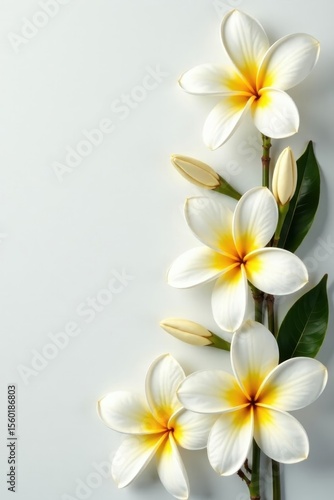 Delicate white frangipani blossoms arranged flat, Asian flora postcard style , white flowers, design