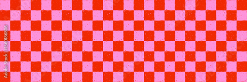 Checker pattern seamless background with red and pink squares and subtle grunge texture. Retro checkerboard grid style for fabric, wallpaper, packaging, print. Drag to swatches panel to use.