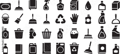 Cleaning supplies and tools icons soap plunger