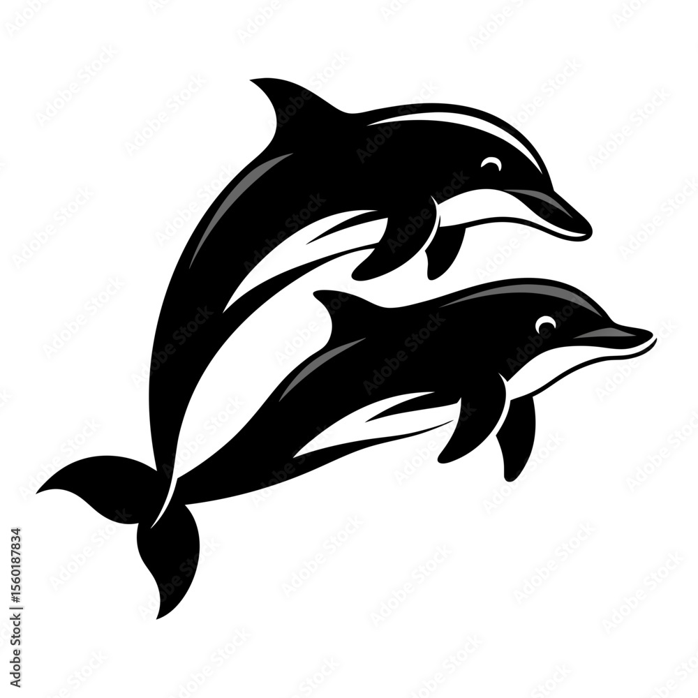 Naklejka premium Elegant Black Silhouette of Two Dolphins Leaping for Marine Art Designs