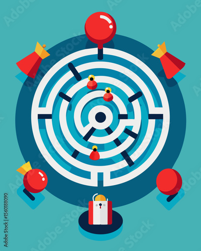 A constant barrage of alarms and sirens can be heard throughout the Stress Labyrinth adding to the persons sense of unease and panic.. Vector illustration