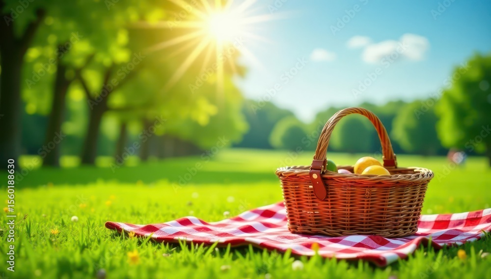 Sunny day, checkered blanket, picnic basket, lush green grass, connection, field, bright Sunny day, checkered blanket, picnic basket, lush green grass, connection, field, bright