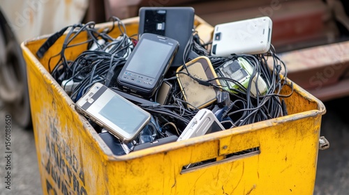Electronics recycling bin filled with old phones and cables, 'e-waste' label clearly visible
