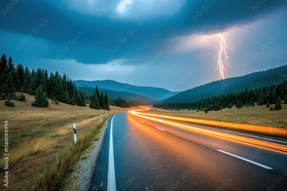 Fototapeta premium Curvy mountain road during storm with lightning striking in the distance