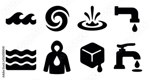 Water elements icon set. fluid, tap, wave solid icons collection