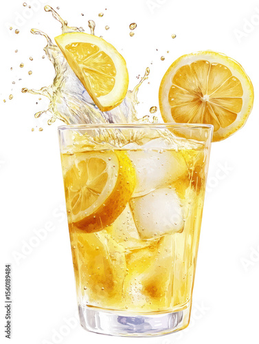 Lemonade with Ice and Splash - Classic yellow lemonade with ice cubes and dynamic splash on transparent background

