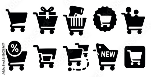 Shopping cart silhouette icon set: diverse ecommerce, retail icons collection