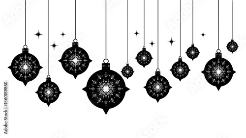 Black Christmas ornaments hanging with stars on white background  