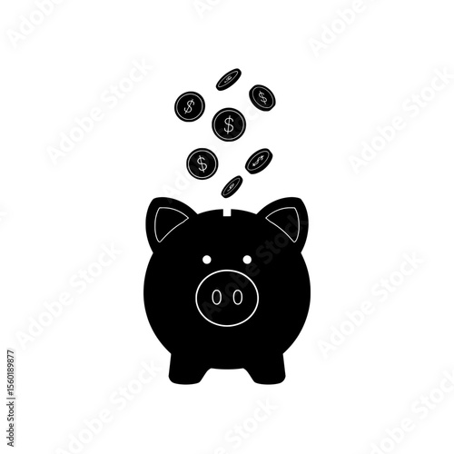 Black piggy bank with coins dropping on transparent background  