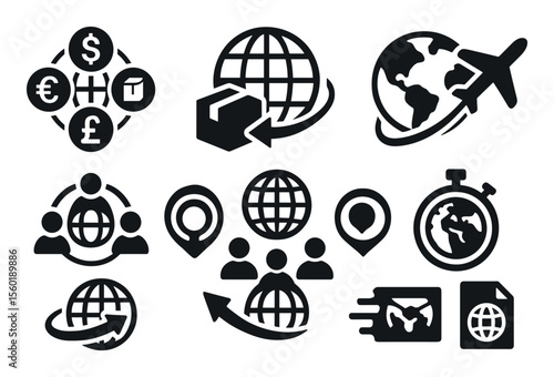 Global, commerce filled icon set. business, travel, communication icons filled collection