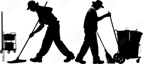 Cleaning Staff Silhouettes with Mop and Broom