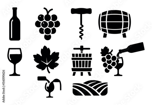 Wine, vineyard solid icon set. winery, grapes, barrel, corkscrew solid collection